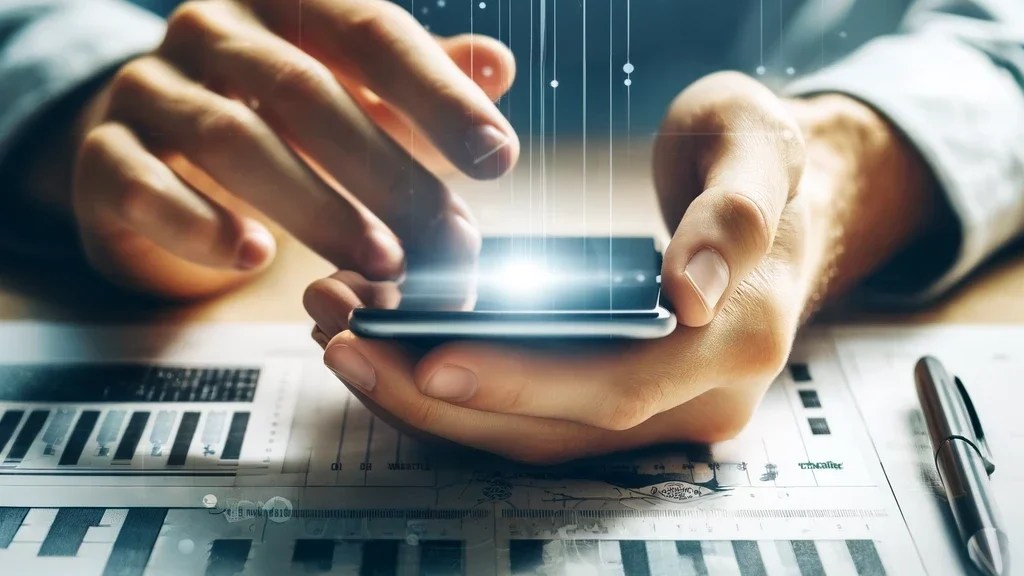Hands holding a smartphone above printed financial charts and a pen